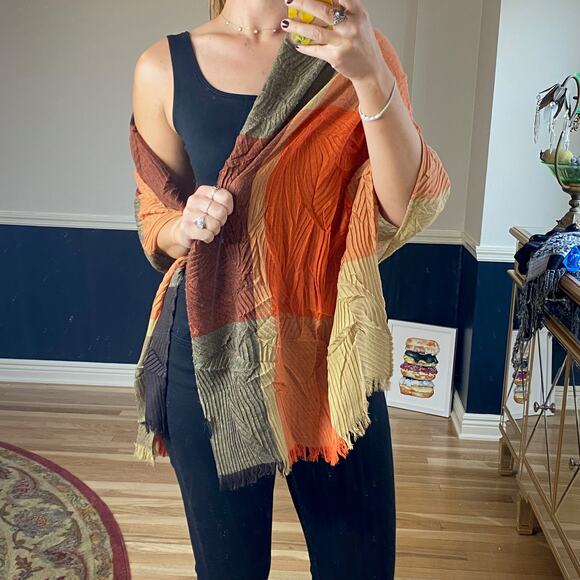 Orange and green color block large fall scarf - Picture 1 of 4